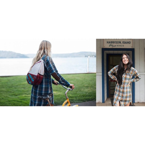 Kavu Jurnee Flannel Plaid Shirt Dress Elbow Patches Button Up Long Sleeve Small - Picture 2 of 9